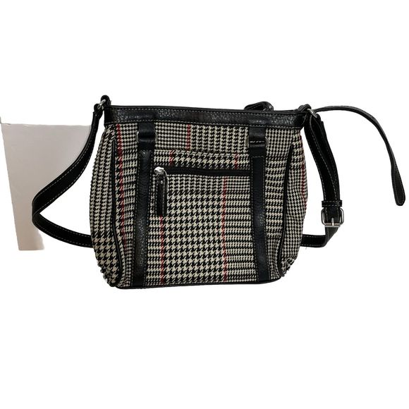 Chaps Handbags - Chaps Houndstooth Plaid Check Black White Red Shoulder Hand Bag Purse